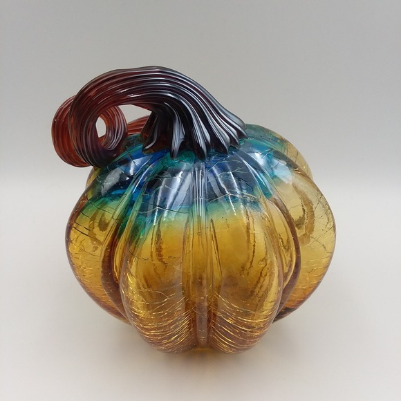 2 Hand Blown Artisanal Cracle Glass Pumpkin Gourd Blue‎ Amber Desk Art - Picture 4 of 12